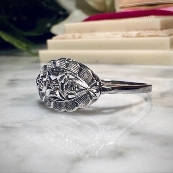 Antique Vintage Solid 10k white gold Marquis ring size 6.75 on mandrel About 9mm - Picture 10 of 16